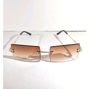 Rimless Square Sunglasses Brown Tint Unisex Metal Frame